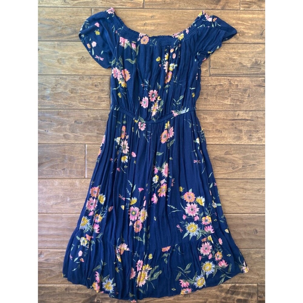 Old Navy Womens Midi Dress Navy Smocked Floral Medium Peasant Flowy Spring